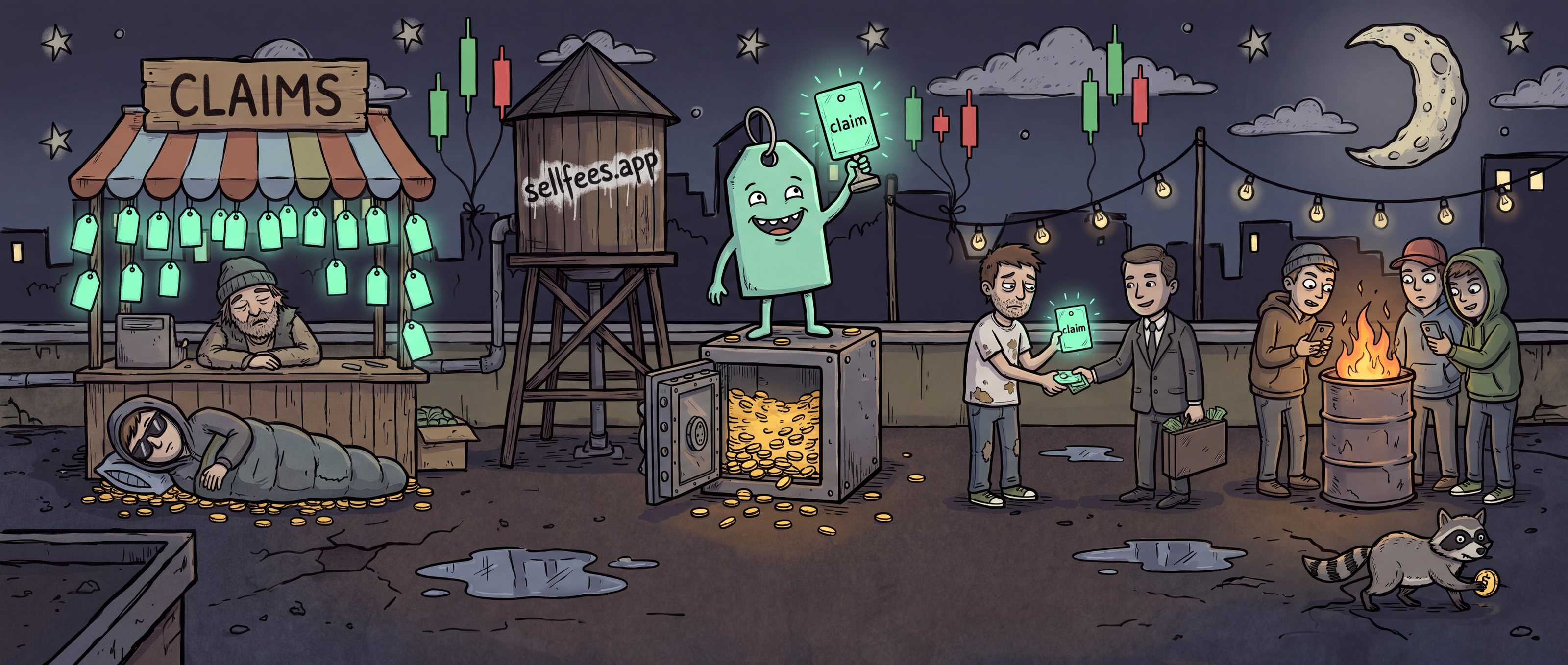A rooftop night market where degens trade claim NFTs, with Taggy the price tag on a vault full of coins